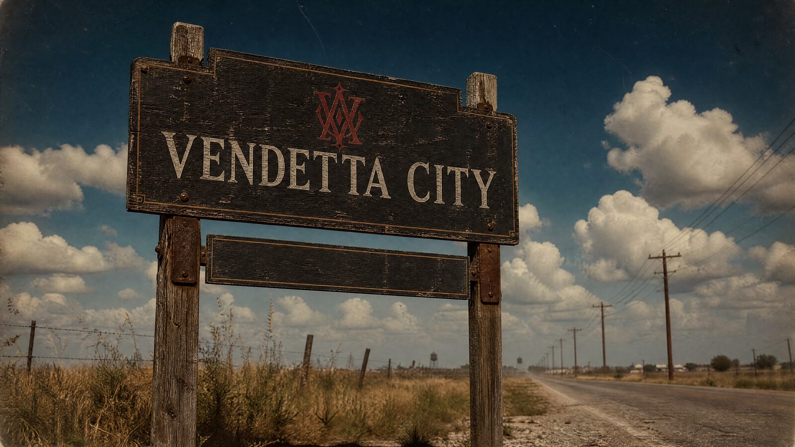 Contrapicado de un cartel de carretera de madera de los años treinta en una carretera vacía: Vendetta City, y debajo una tablilla con las millas que faltan.
